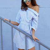 One Shoulder Striped Shirt Dress