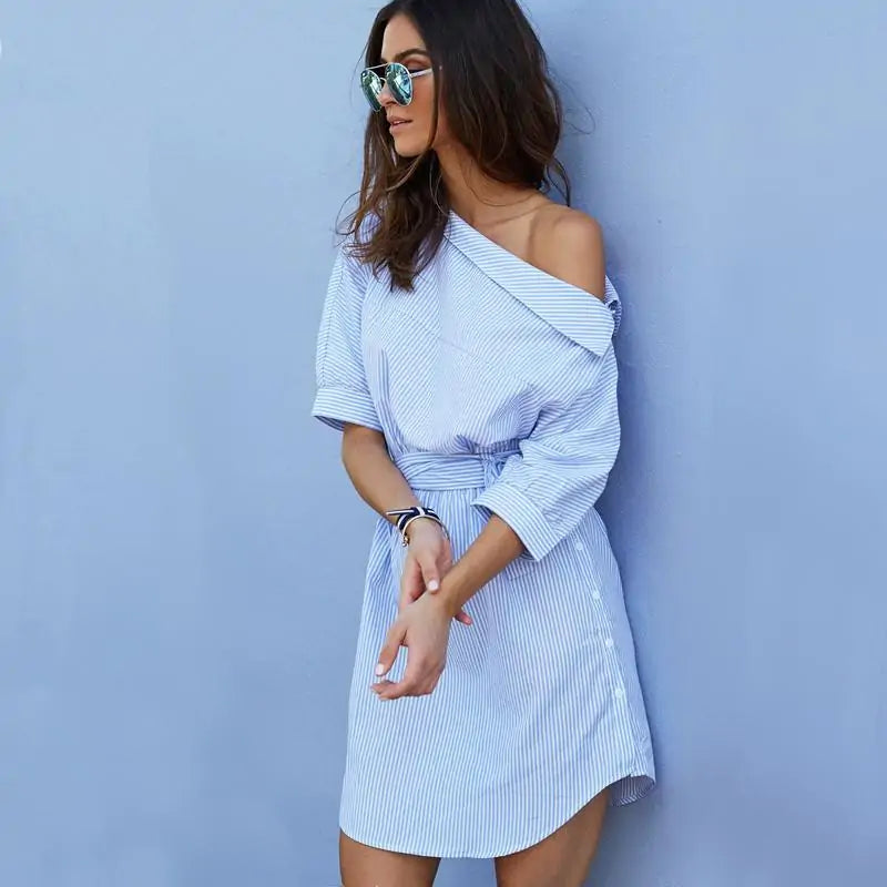 One Shoulder Striped Shirt Dress